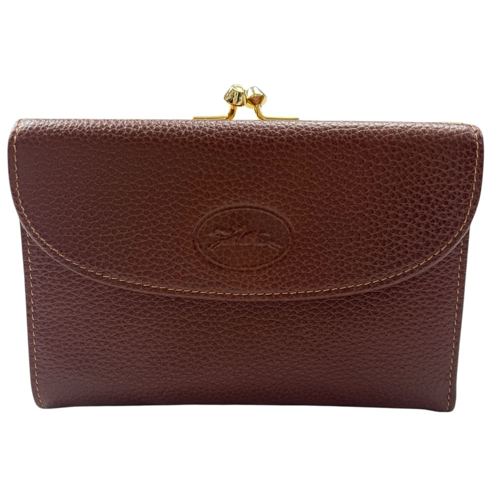 Longchamp Brown Leather Kiss-Lock Wallet with Gold Hardware